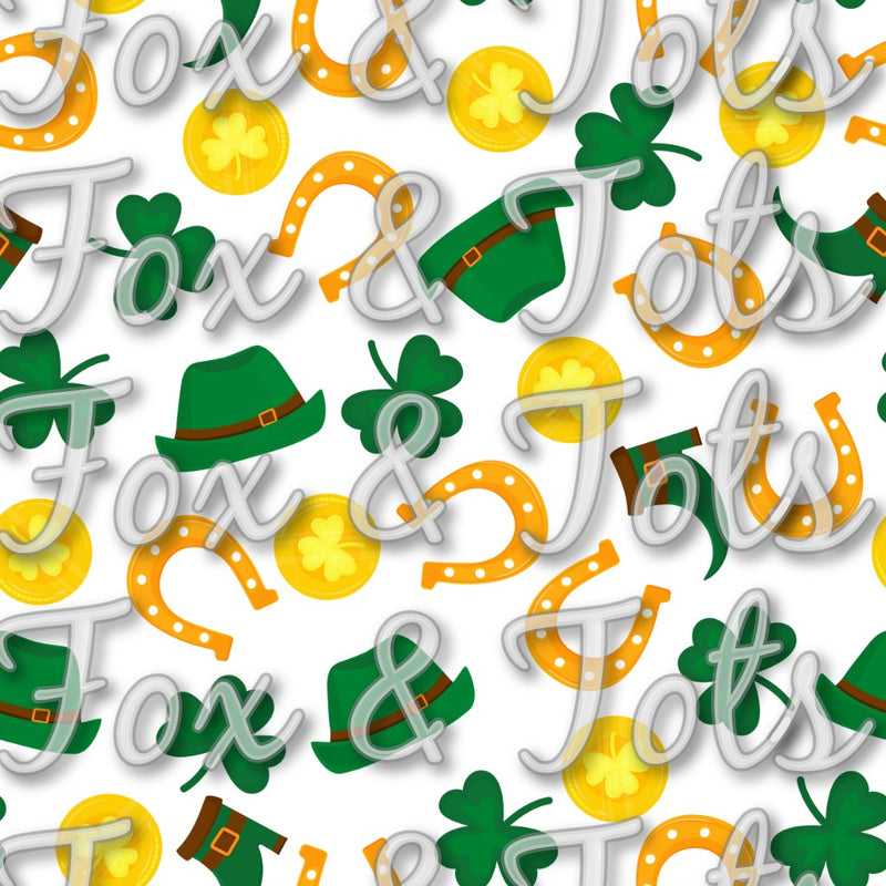 Saint Patrick's Day Cotton Spandex overs Horseshoes Gold and Hats Fabric