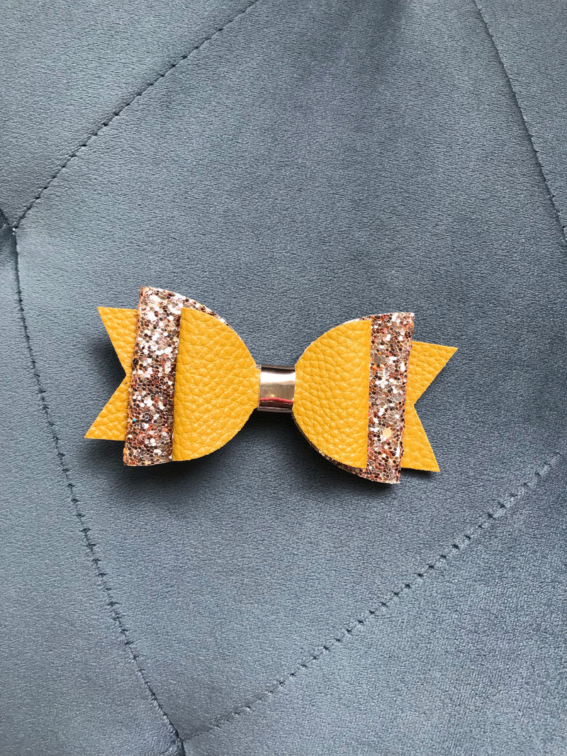 Small Mustard Leather/Glitter Bow