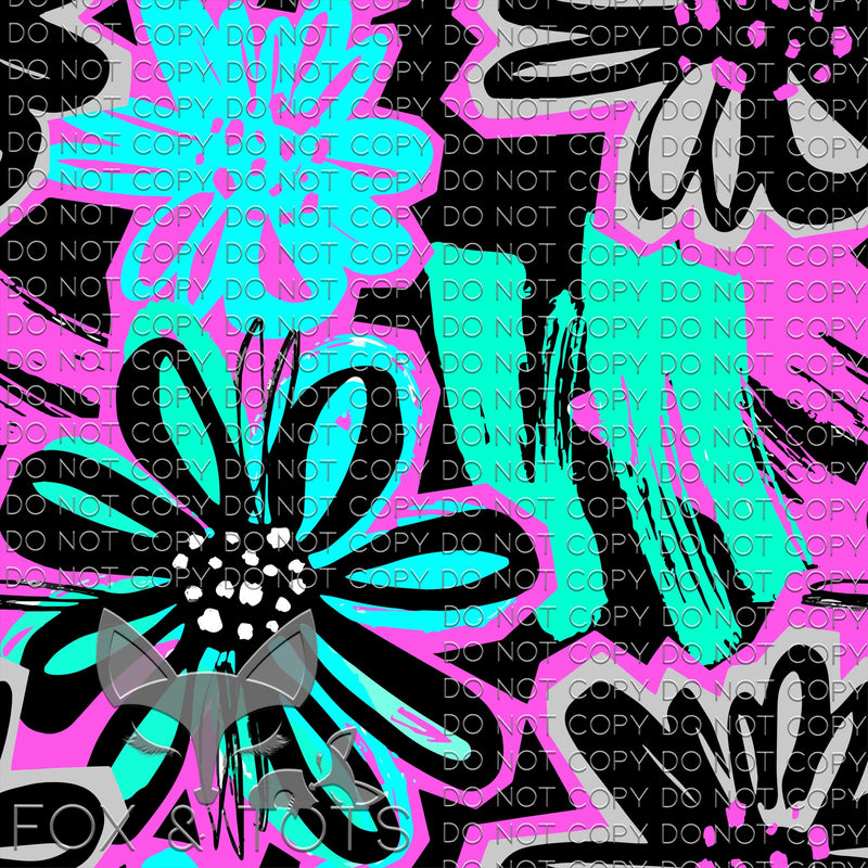 Graffiti Teal Blue Flowers Fabric