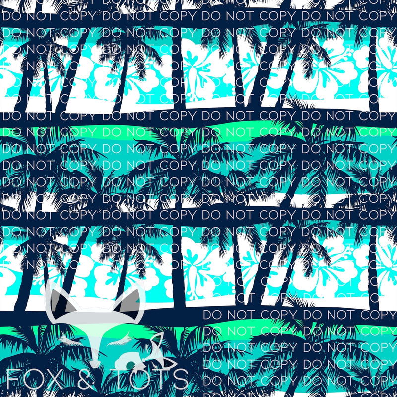 Aqua Palm Trees And Flowers Fabric