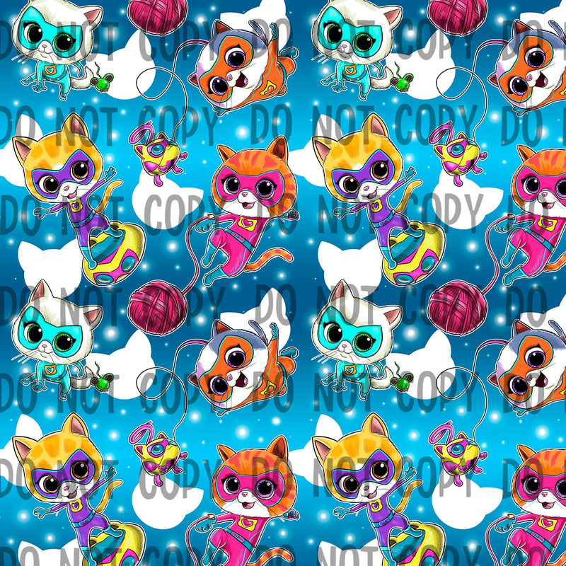 HAND DRAWN EXCLUSIVE SUPER KITTIES BLUE Fabric