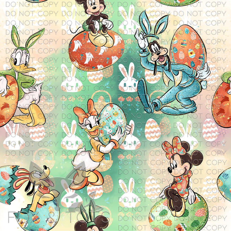 Pastel Bunnies With Character Easter Eggs Fabric