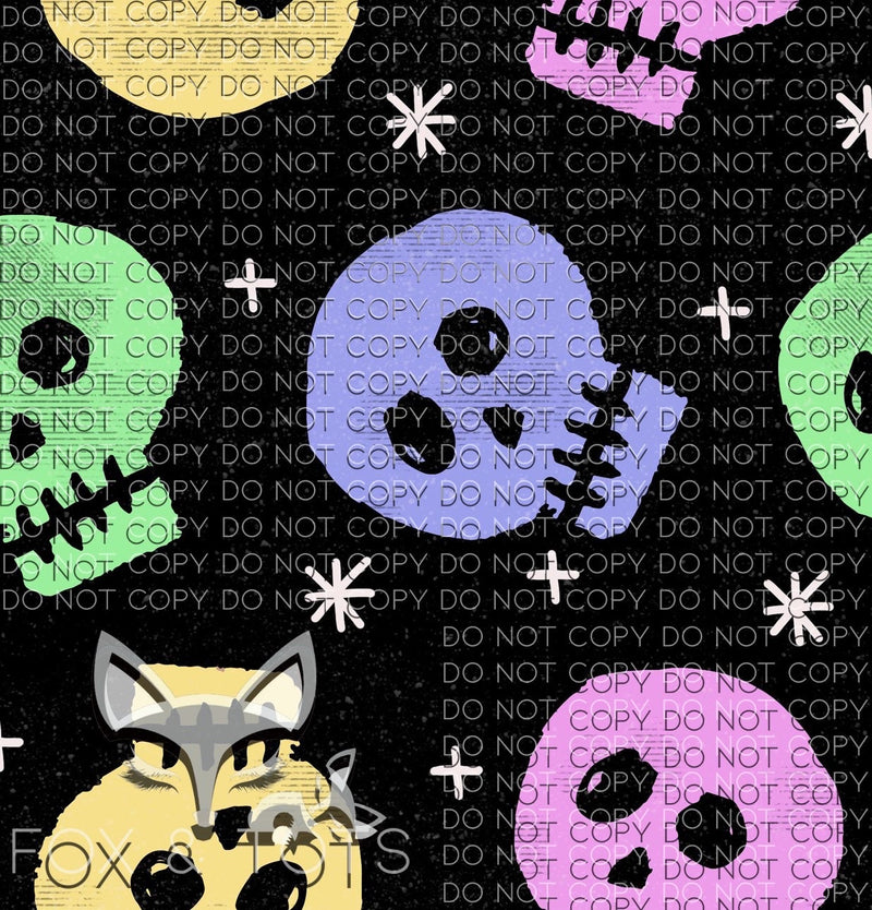 Pastel Skulls on Black Fabric