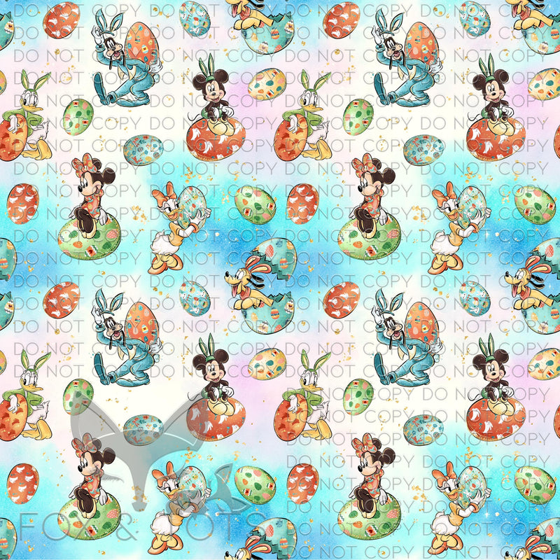 Watercolor Sparkle Character Easter Eggs Fabric