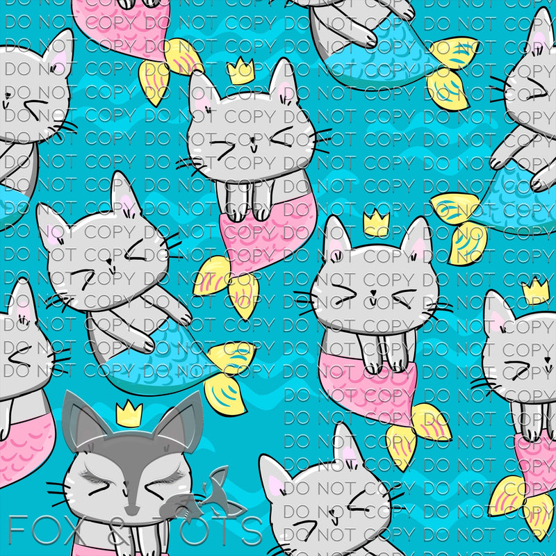 Aqua Mermaid Cats Fabric