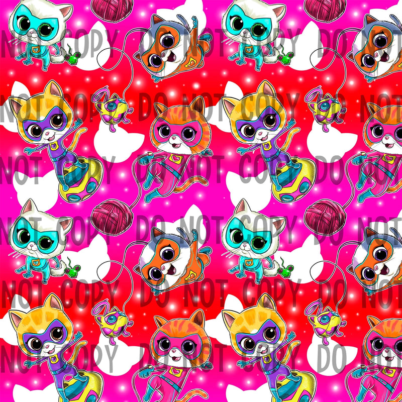 HAND DRAWN EXCLUSIVE SUPER KITTIES PINK Fabric
